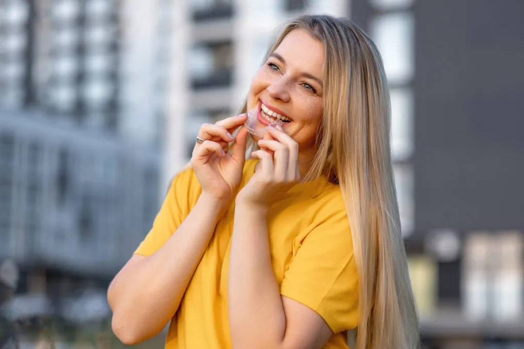 A young woman joyfully using clear aligners outdoors, surrounded by a contemporary cityscape.