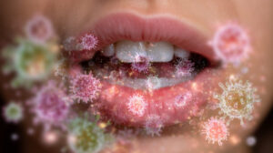 Close-up of woman speaking with overlay of realistic oral microbes forming patterns around teeth, highlighting the balance of healthy and harmful bacteria