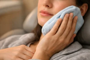 Woman holding ice pack to her face after oral surgery