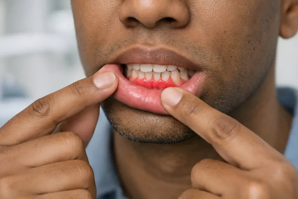 Patient pointing at red gums during a dental exam